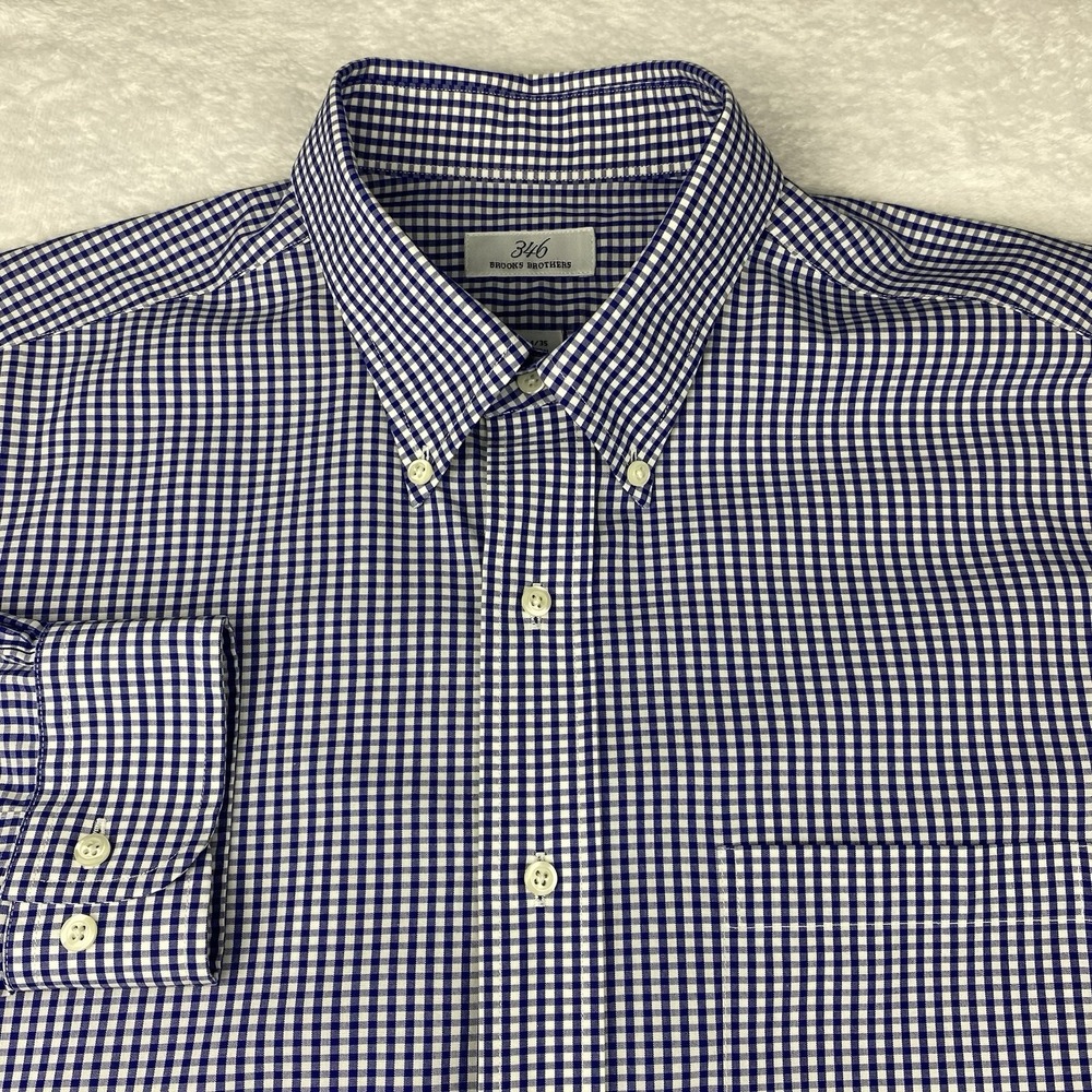 Brooks Brothers 346 Dress Shirt Mens 17-34/35 Blue/White Checks No Iron